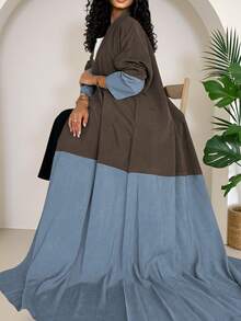 Women's Plus-Size Color Block Splicing Long-Sleeved Loose Turkish Robe Coat Is Elastic., Modest - Blue Brown - View 4