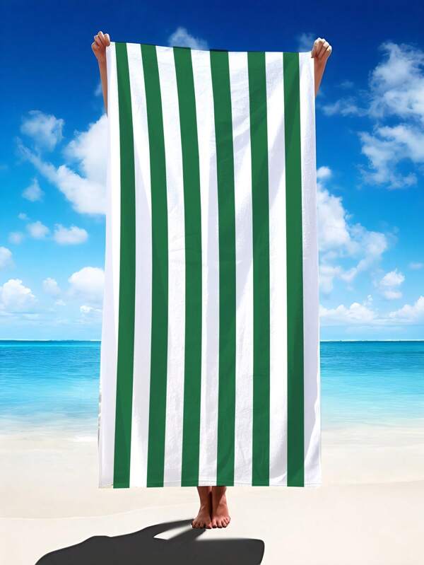 1pc Vivid Green Striped Beach Towel, Extra Large Size Super Soft Microfiber Beach Blanket, Quick Absorbing Bath Towel, Suitable For Travel, Swimming Pool, Diving, Surfing, Yoga, Camping, Available In Multiple Sizes, Beach Accessory Beach Essentials