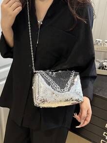 Fashionable Silver Sequin Shoulder/Crossbody Small Square Bag - Bright silver - View 1