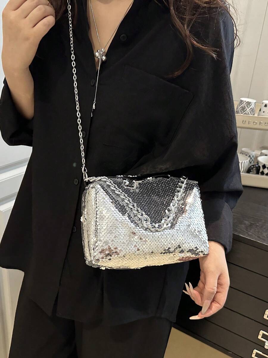 Fashionable Silver Sequin Shoulder/Crossbody Small Square Bag - Bright silver - View 1
