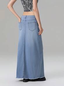 Women's Mid Waist Denim Skirt Solid Color Long A-Line Skirt With Pockets - 淺藍色 - 查看 5