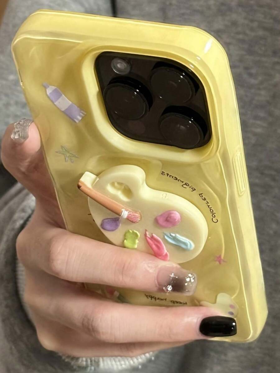 Cute Creative 3D Concave Convex Colorful Palette Yellow Phone Case Compatible With IPhone 15 16 Pro Max 14 Pro 13 12 11 Plus Graffiti Wrinkle Pattern Back Cover Waterproof Shockproof Anti-Fall Scratch Resistant - Yellow - View 1