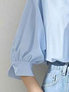 Camisa de lazer de alta qualidade, estilo elegante e casual, com decote em V e design simples de botões nas costas, adequada para primavera e verão. - Azul - Ver 4