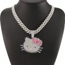 Sanrio 1pc Sanrio Hello Kitty Cartoon Shiny Full Of Rhinestones Hip Hop Cool Three-Dimensional Hello Kitty Pendant Necklace Jewelry, Gift Cute Cat Fashionista Cuban Chain Necklace