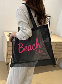 New Fashion Simple Summer Vacation Beach Casual Extra Large Capacity Net Fabric Letter Print Oversized One Shoulder Tote Bag