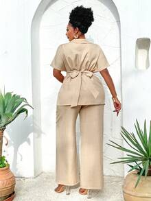 BIUBIU Ensemble deux pièces femme grande taille, été, loisir, simple, quotidien, avec chemise à manches courtes col lavallière torsadée pour resserrer la taille et pantalon casual pour la maison, les déplacements - Kaki - Voir 2