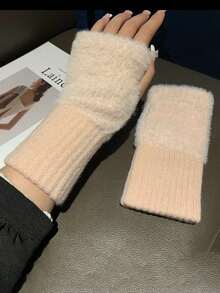 1 Pair Women's Solid Color Warm Fingerless White Gloves, Knit Wrist Warmers, For Fall/Winter, Versatile For Office, School, Writing