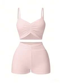 2pcs Women Fashionable Sexy & Comfortable Marl-Color Casual Sporty Set