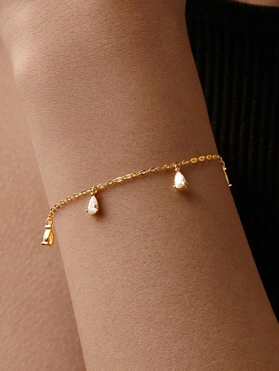 1pc 925 Sterling Silver Simple Teardrop CZ Pendant Bracelet, Gift Box, Suitable For Women, Valentine's Day Wear, Various Occasions, Jewelry Gift