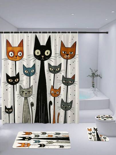 1-4pcs Funny Cat Pattern Bathroom Shower Curtain Set, Waterproof Polyester Fabric, Modern Minimalist Home Decor, Including Toilet Cover, U-Shaped Mat, Non-Slip Bath Mat, With 12 Hooks Back To School Bathroom Decor