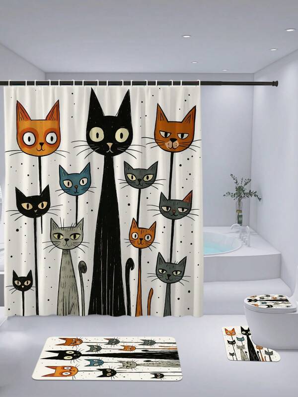 1-4pcs Funny Cat Pattern Bathroom Shower Curtain Set, Waterproof Polyester Fabric, Modern Minimalist Home Decor, Including Toilet Cover, U-Shaped Mat, Non-Slip Bath Mat, With 12 Hooks Back To School Bathroom Decor