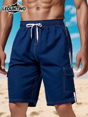 LEDUNTINO [Spring/Summer] Men's 2-In-1 Double Layer Solid/Striped Multi-Pocket Elastic Waist Shorts, Ideal For Beach, Vacation, Surfing, Swimming, Great Gift For Boyfriend Or Husband