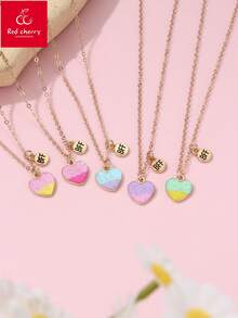 Bộ 5 dây chuyền mặt trái tim tráng men nhiều màu hợp kim kẽm cho bé gái kèm thẻ BFF, thích hợp để đeo hàng ngày và chia sẻ với bạn thân - Nhiều màu - Xem 6