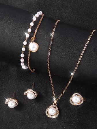 Set de 5 piezas de joyería romántica de perlas para mujer: pulsera, collar, pendientes y anillo, mejor regalo para mamá