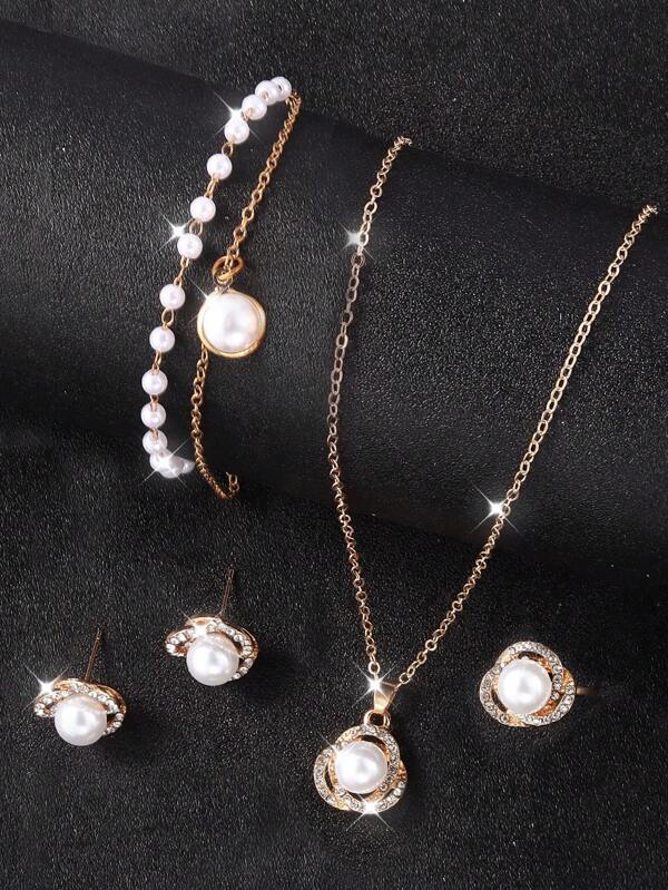 5pcs/Set Women's Romantic Pearl Jewelry Set: Bracelet, Necklace, Earrings And Ring, Best Gift For Mom