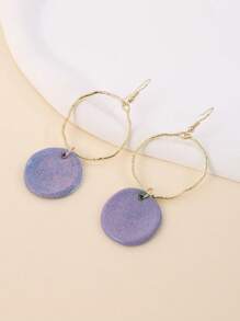 1 Pair Unique Chinese Style Ceramic Round Pendant With Extra Large Metal Circle High-Quality Hoop Earrings, Suitable For Vacation, Party And Daily Wear