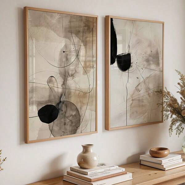 2 peças sem moldura, artes de parede abstratas em preto e bege, impressão artística minimalista neutra, pôsteres industriais, impressão artística em linha japonesa, decoração de parede moderna, arte em tela para sala de estar, quarto, cozinha, escritório em casa, café, bar, corredor, decoração para casa e quarto