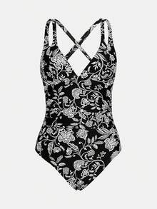 Women's Swimsuit Tummy Control Deep Double Straps Crisscross Back Tie Bathing Suit, 2025 Swimwear - 黑色/花卉 - 查看 5