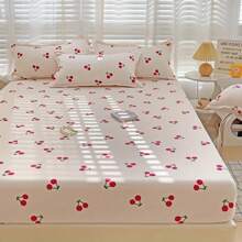 [Cherry Print | Soft] Soft And Breathable 1pc Cherry Print Fitted Sheet | 100% Polyester Brushed Fabric, Comfortable And Light Beige-Friendly, Suitable For Various Scenes, Machine Washable, Can Be Used In All Seasons