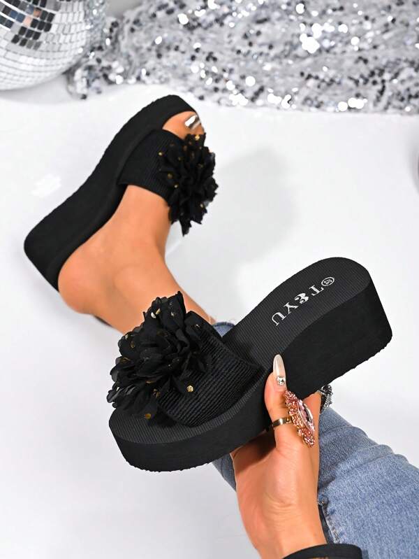 Sandalias de plataforma impermeables con cuña y comodidad para mujer, nuevas sandalias de verano casuales para la playa con decoración de lazo, chanclas negras para exteriores
