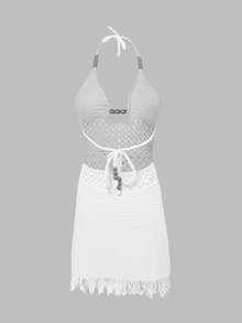 Apperloth A Women's Sexy Elegant Knitted Big V Neck Backless Hollow Out Bodycon Vacation Dress For Beach Outfit - White - View 2