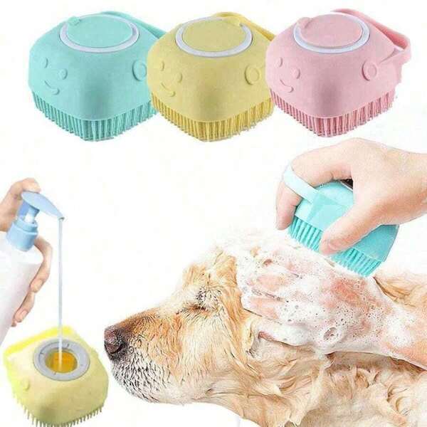 Summer Pet Bath Brush, Silicone Massage Rubber Grooming Tool With Shampoo Storage For Dogs And Cats