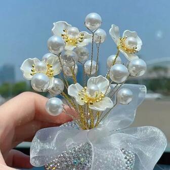 "Luxury Car Dashboard Ornament-Plush Base With Beaded Flowers, Pearls & Gold Accents, Elegant Air Freshener Diffuser For Car Interior, Wedding Car Decoration & Special Occasions, Premium Car Accessory For Stylish And Romantic Ambience"