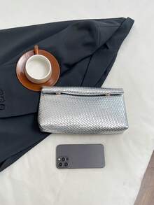 Bolso de mano de color sólido a la moda, de material PU, gran capacidad, con cierre magnético y solapa, bolso cuadrado con patrón de cocodrilo para mujer. - Plateado - Ver 9
