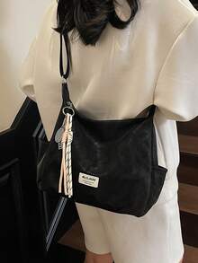 Merlard Retro 2025 哑光纹理大容量时尚百搭单肩包、高档沙滩包、手提包、托特包、购物袋、独特手感通勤包，配有拉链和双肩带 - 黑色 - 查看 4