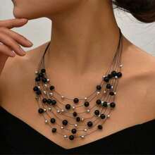 1 pieza Collar de perlas falsas multicapa, collar de cuentas hecho a mano estilo bohemio, adecuado para uso diario de mujer, accesorio de ropa, regalo (arreglo de cuentas de colores aleatorios)