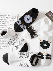 5 Pares (Estilo Aleatório) Meias Curtas Respiráveis com Estampa de Alimentos Frescos e Flores, Meias Fofas de Renda Branca com Corte Baixo para Estudantes