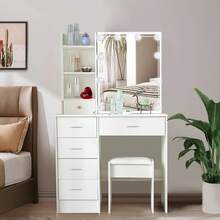 Favourite Gift Vanity Dressing Table Desk With 10 LED Bulbs Makeup Mirror Bedroom Furniture - White - View 3