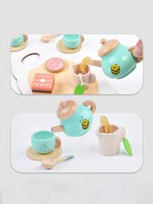 1 Set de té de madera para niños pequeños de 3+ años - Juguete de postre de Set simulado con tetera y galletas, regalo educativo Montessori para Sets de roles, juguete imaginativo para fiesta de cumpleaños