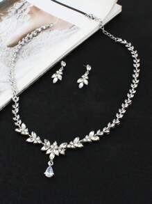 Women's Fashion Crystal Jewelry Set, Bride Wedding White Crystal Eye-Shape Inlaid Accessories Minimalist Necklace & Earrings 3 PiecesSet, Party Dress Decorations