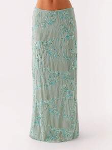 Women Summer Skirt Casual Elegant Sequin Floral Embroidery Long Skirt For Beach Vacation Club Streetwear - 薄荷綠 - 查看 1