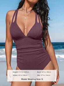 Women's Swimsuit Tummy Control Deep Double Straps Crisscross Back Tie Bathing Suit, 2025 Swimwear - 紫棕色 - 查看 5