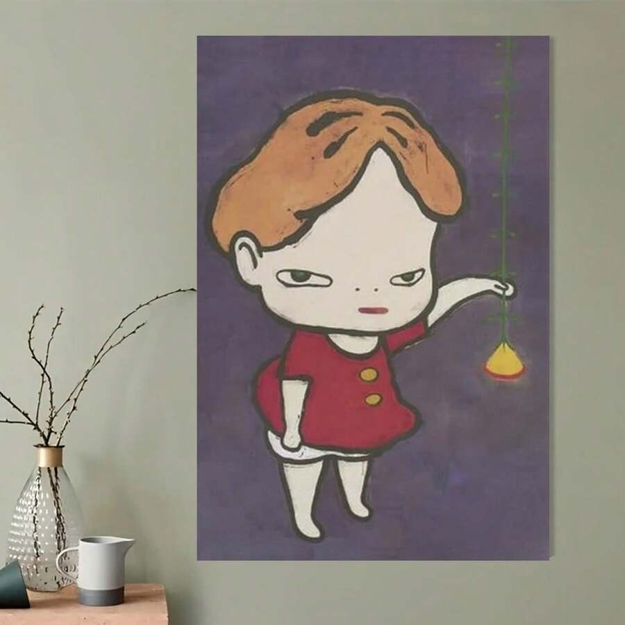 Canvas Yoshitomo Nara Canvas Wall Art Print 114 - Whimsical Character With Red Outfit & Yellow Pendant On Purple Background, Wrapped Canvas Frame, Vibrant Colors For Bedroom, Office, Sports Room Decor - Unique Gift Idea, Japanese Wall Art, Office Artwork, Playful Design, Highquality Print - Đã đóng khung - Xem 1