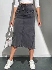Falda vaquera larga para mujeres de color gris oscuro con flecos, tela transpirable y cómoda, ideal para estilos casuales y elegantes - Gris - Ver 1