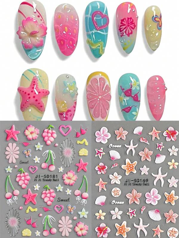 2 قطعة ملصقات فن الأظافر 5D لصيف الشاطئ والمحيط، زهور بحرية، نجوم البحر، شفاه مثمرة، رموز مجسمة، ديكورات أظافر ذاتية اللصق لإكسسوارات فن الأظافر، أعمال وهمية Cute للعطلات