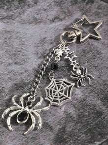 Spider, Star & Cat Pendant Chain With Rhinestone Spider Web Decoration, Keychain Bracelet Bag Charm, For Men And Women, Holiday, Valentine's Car Accessories School Christmas Gift Ideas Bag Accessories Lanyards With Id Holder Car Accessories Bag Charms - Silver - View 3