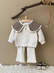 2 件套女婴碎花彼得潘领休闲长袖运动衫和长裤，春秋装 - 杏色 - 查看 2