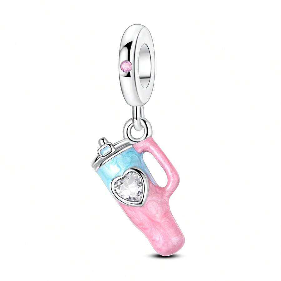 1 Stück silberfarbener eleganter Rosa emaillierter Sommer Wassertassen Sport Strohhalm Anhänger Charm passend für original Snake Armband Halskette Perlen für DIY Schmuckherstellung Jahrestags Geschenk für Frauen Liebhaber