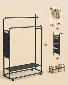 Porte-Manteau, Portant à Vêtement en Métal, avec Roulettes, 2 Barres de Suspension, Étagère de Rangement, Sac Latéral, Crochets en Forme d'Allumette,  Noir d'Encre - Noir - Voir 5