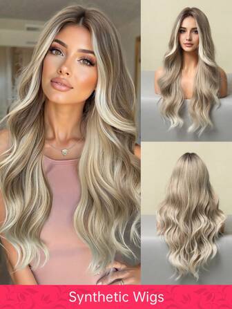 24" Golden Brown & Blonde Ombre Wavy Wig For Women - Synthetic Hair Medium Part - Ideal For Daily Use & Events
