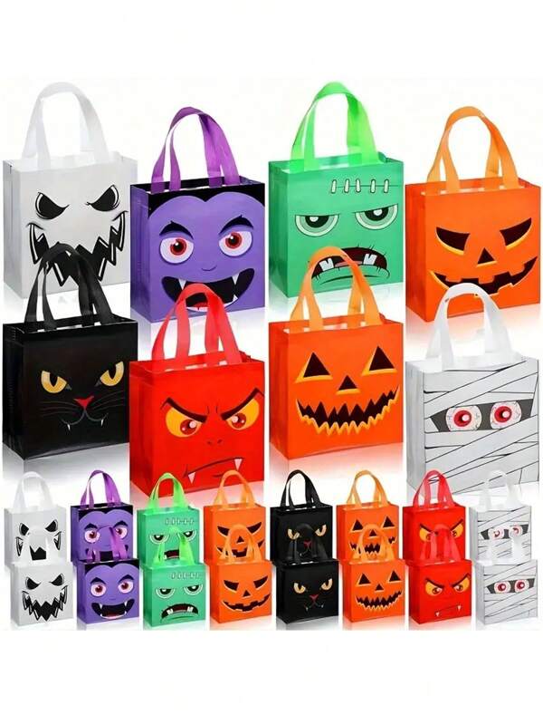 8pcs/Set Reusable Nonwoven Fabric Trick Or Treat Halloween Candy Bags, Cat, Ghost, Mummy, Vampire, Zombie, Pumpkin Design, With Handles, Suitable For Birthday Celebration, Halloween Party, Holiday Gathering, Retail Shopping And Gift Packaging