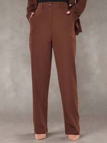 WUUW Women Office Formal Suit Set, Elegant Business Formal Set, 2 Piece Set, Plain/Button/Pocket/Zipper/Office - 鏽棕色 - 查看 6