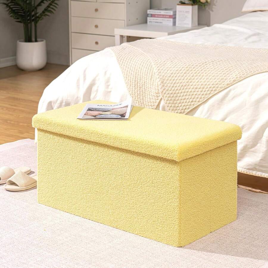 Storage Ottoman Bench, Folding Upholstered Sherpa Ottoman, Large Storage Chest Footrest With Lids, Entryway Bench For Living Room, Yellow, 31.5'' X 15.7'' X 15.7'' - Mustard Yellow - View 1