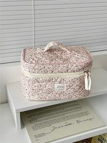 1Pc Pink Quilted Makeup Bag With Bow, Large Capacity Multifunctional Pouch For Cosmetic/Sanitary Pad, Portable Travel School Storage Bag - Multicolor - View 16