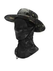 1pc Men's Spring/Summer Quick Dry Camouflage Wide Brim Bucket Hat Set, Casual Outdoor Cycling Hiking Camping Fishing Sun Protection Face Mask Drawstring Beanie Ski Masks
