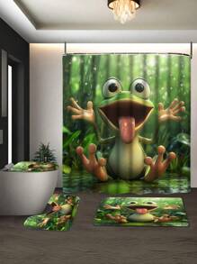 1/4 Stück Frosch Muster Duschvorhang Set, beinhaltet Duschvorhang, 12 Haken, Badematte, U-förmige Toilettenvorlage, Toilettensitzabdeckung, Badezimmer Dekoration, geeignet für Badezimmer Vorhang Set für den Schulanfang